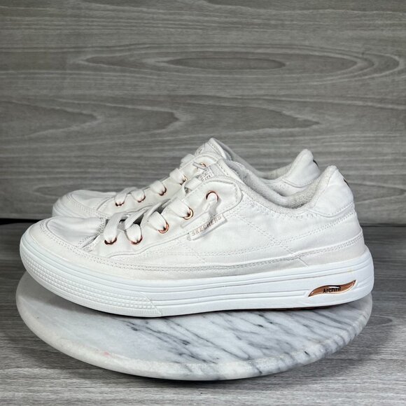 Skechers Arch Fit Arcade Womens 9 Sneakers White Canvas Rose Gold Meet Ya There - Picture 7 of 14